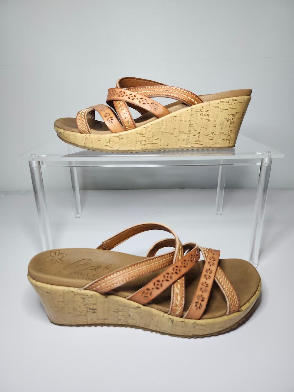 Skechers Cali Luxe Foam Strappy Wedge Sandals Cognac Brown Cork Women's Size 8